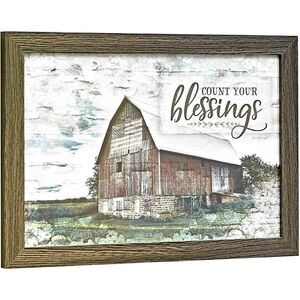 Patriotic American COUNT YOUR BLESSINGS Framed Wall Art Flag Barn Country Farm